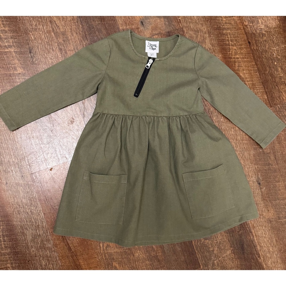 Young & Free Olive Green Linen Blend Pocket Dress Size 3T Toddler